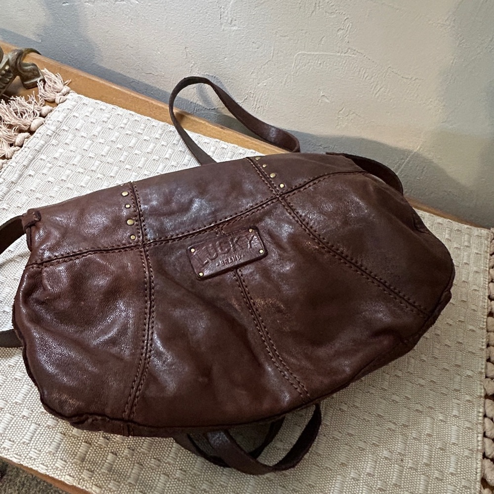 Lucky Brand  Dark Brown Fold over Leather Shoulder Bag with Stud Detail